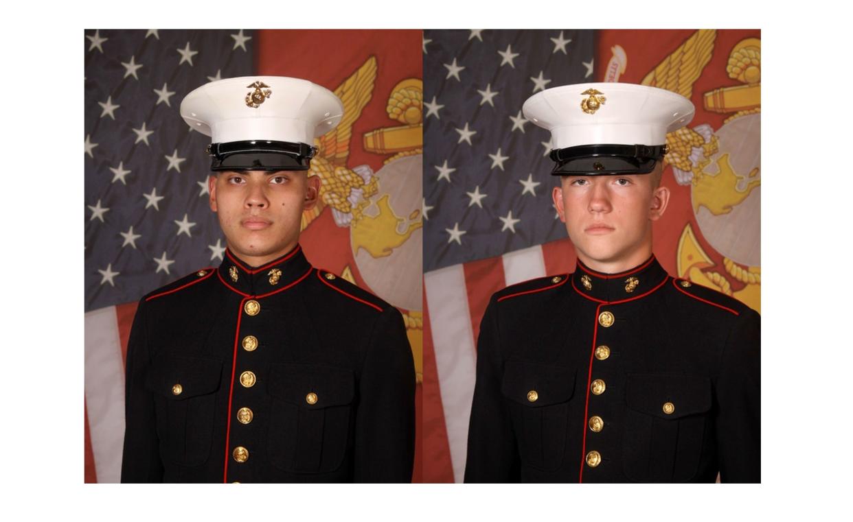 Lance Cpl. Jonathan E. Gierke, left, and Pfc. Zachary W. Riffle are pictured in their recruit training graduation photos.