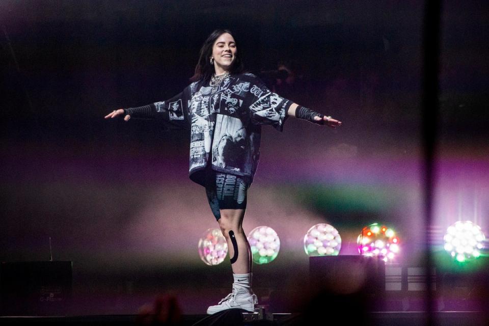 Billie Eilish performs on the Pyramid main stage at Glastonbury Festival (Joel C Ryan/Invision/AP)