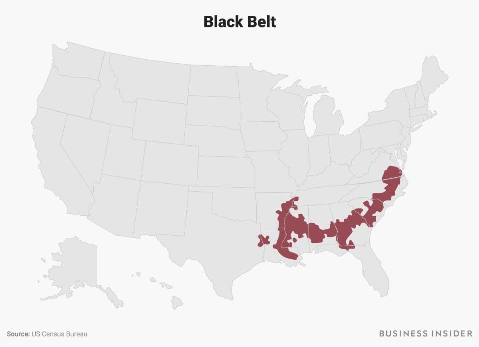 The Black Belt region is highlighted in dark purple on a US map.