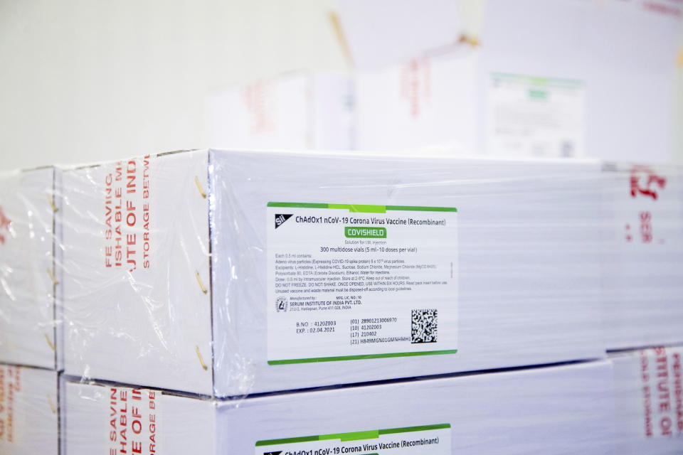 Boxes of some of the first 500,000 of the two million AstraZeneca COVID-19 vaccine doses that Canada has secured through a deal with the Serum Institute of India in partnership with Verity Pharma are displayed, Wednesday, March 3, 2021, at a facility in Milton, Ontario. (Carlos Osorio/Pool Photo via AP)