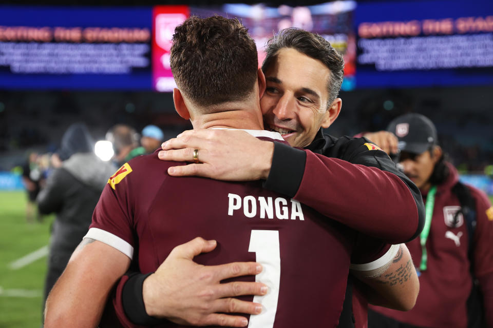 SYDNEY, AUSTRALIA - JUNE 08:  Kalyn Ponga of the Maroons and Maroons head coach Billy Slater celebrate victory after game one of the 2022 State of Origin series between the New South Wales Blues and the Queensland Maroons at Accor Stadium on June 08, 2022, in Sydney, Australia. (Photo by Mark Kolbe/Getty Images)