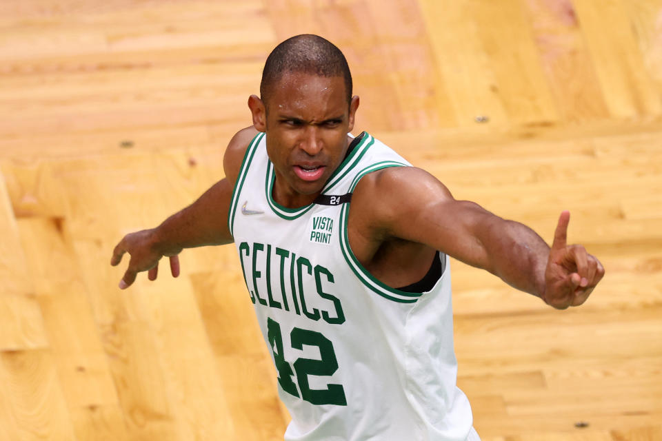 BOSTON, MASSACHUSETTS - JUNE 16: Al Horford #42 of the Boston Celtics reacts against the Golden State Warriors during the fourth quarter in Game Six of the 2022 NBA Finals at TD Garden on June 16, 2022 in Boston, Massachusetts. NOTE TO USER: User expressly acknowledges and agrees that, by downloading and/or using this photograph, User is consenting to the terms and conditions of the Getty Images License Agreement. (Photo by Adam Glanzman/Getty Images)