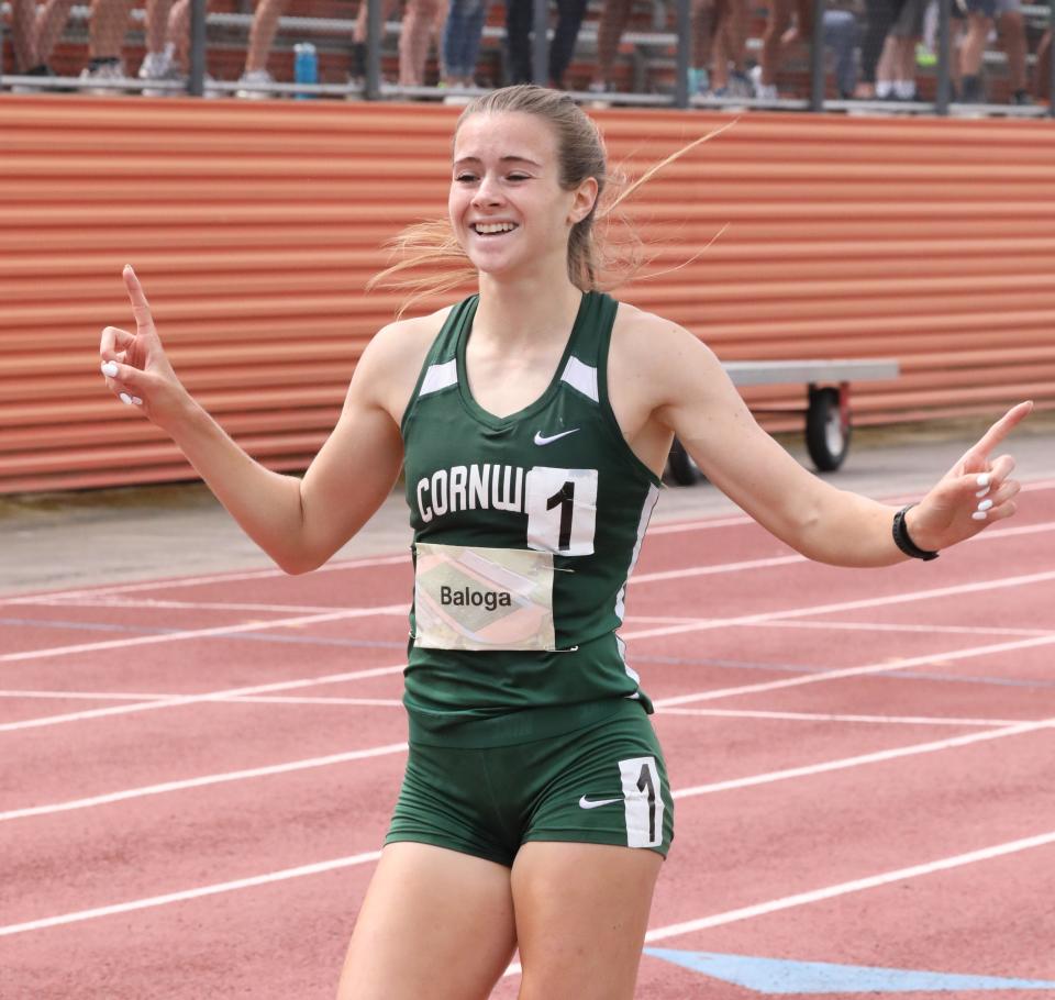 Karrie Baloga from Cornwall crosses the finish line in the women's 2000 meter steeplechase during the 55th annual Glenn D. Loucks Track & Field Games at White Plains High School, May 13, 2023. 
