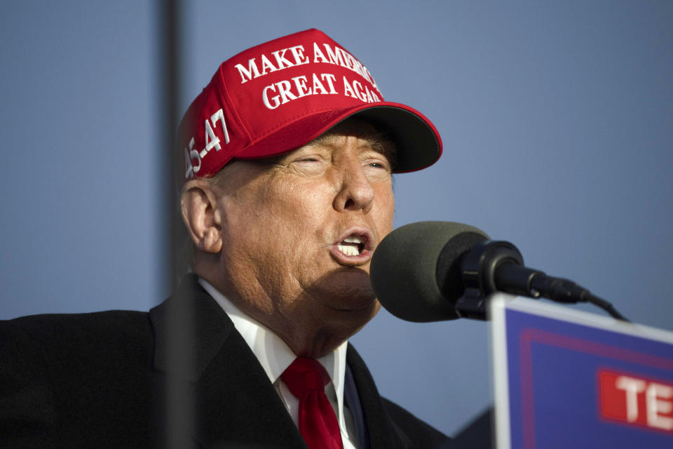 FILE - Republican presidential candidate former President Donald Trump speaks during a campaign event in Schnecksville, Pa., April 13, 2024. President Joe Biden and Trump will go before voters April 23, 2024, in Pennsylvania's presidential primaries, a prelude to the November general election when the commonwealth is expected to once again to play a critical role in the race for the White House.(AP Photo/Joe Lamberti)