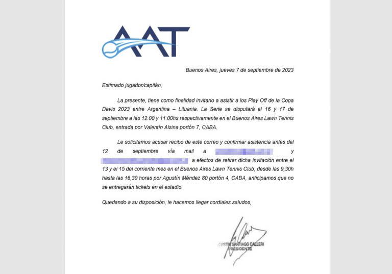 La carta de invitación a la serie Argentina-Lituania de la Copa Davis que la AAT les envió a algunos ex jugadores y capitanes 
