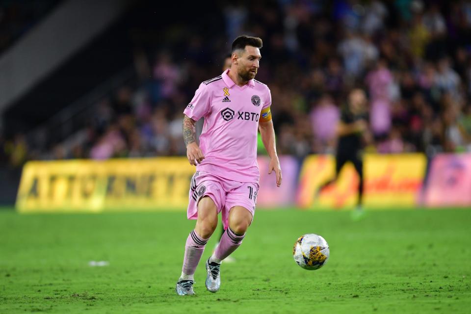 Sep 3, 2023; Los Angeles, California, USA; Inter Miami forward Lionel Messi (10) against Los Angeles FC at BMO Stadium. Mandatory Credit: Gary A. Vasquez-USA TODAY Sports