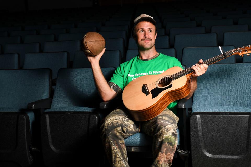 Joey Thompson, more famously known as Barry McGunthrie Jr., poses for a portrait in the Simpsonville Arts Center auditorium before his comedy show on Friday, Sept. 15, 2023.