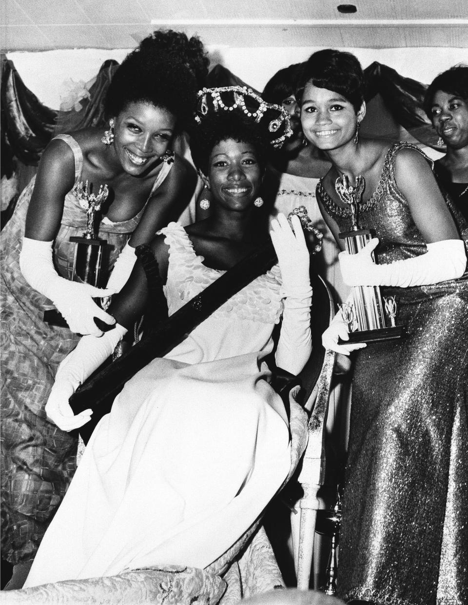 Saundra Williams, 19, center, of Philadelphia, Pa., was crowned Miss Black America 1969 at ceremonies in Atlantic City, Sept. 8, 1969. Linda Johnson, 21, left, also of Philadelphia, was chosen second runner-up, while Theresa Claytor, 20, right, of Washington, D.C. was first runner-up. Williams was crowned a little over 2 hours after Judith Ann Ford, of Belvedere, Ill., was chosen Miss America 1969 at Convention Hall.