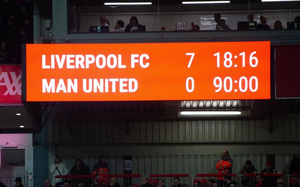 The scoreboard shows the 7-0 score in Anfield during the English Premier League soccer match between Liverpool FC and Manchester United in Liverpool, Britain, 05 March 2023