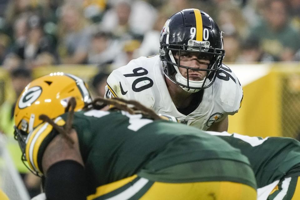 Pittsburgh Steelers' T.J. Watt looks to rush during the second half of an NFL football game against the Green Bay Packers Sunday, Oct. 3, 2021, in Green Bay, Wis. (AP Photo/Morry Gash)