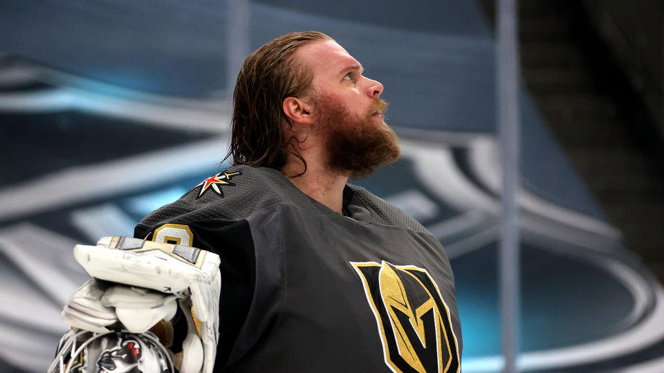 EDMONTON, ALBERTA - SEPTEMBER 14: Goaltender Robin Lehner #90 of the Vegas Golden Knights looks on in the third period of Game Five of the Western Conference Final of the 2020 NHL Stanley Cup Playoffs between the Dallas Stars and the Vegas Golden Knights at Rogers Place on September 14, 2020 in Edmonton, Alberta. (Photo by Dave Sandford/NHLI via Getty Images)