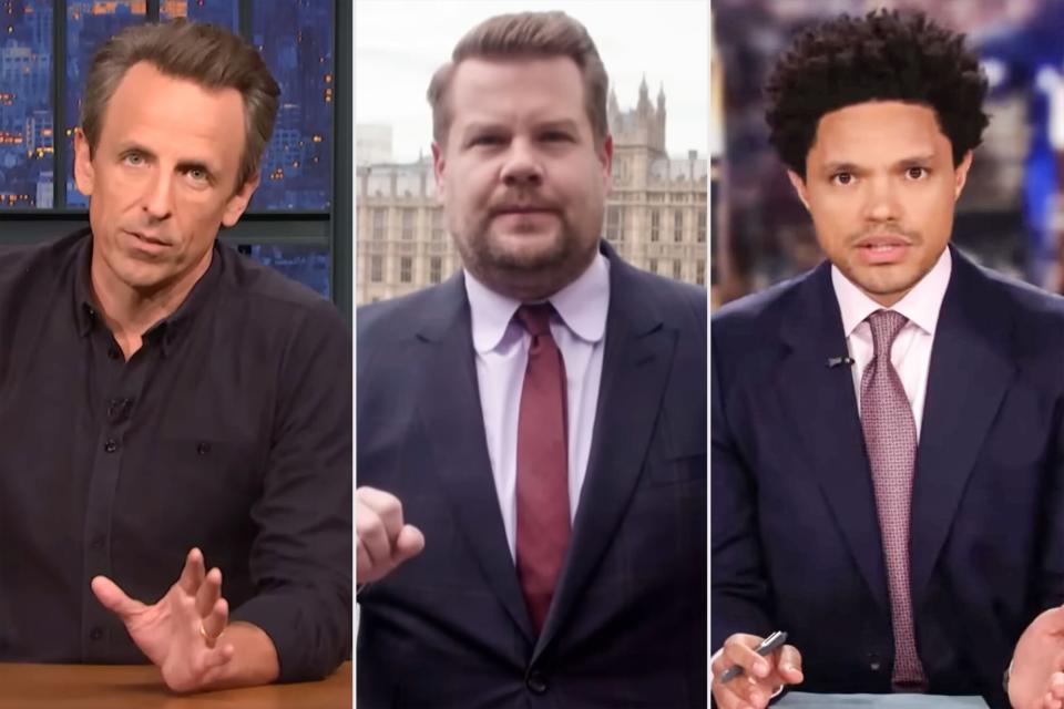 Seth Meyers, James Corden, Trevor Noah reacting to the end of Roe v Wade