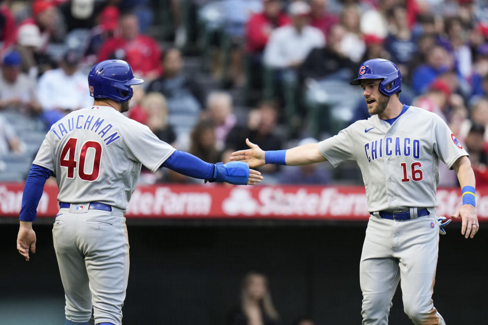 Chicago Cubs' Mike Tauchman (40) celebrates with Patrick Wisdom (16) after they scored on a double by Matt Mervis against the Los Angeles Angels during the second inning of a baseball game Tuesday, June 6, 2023, in Anaheim, Calif. (AP Photo/Jae C. Hong)