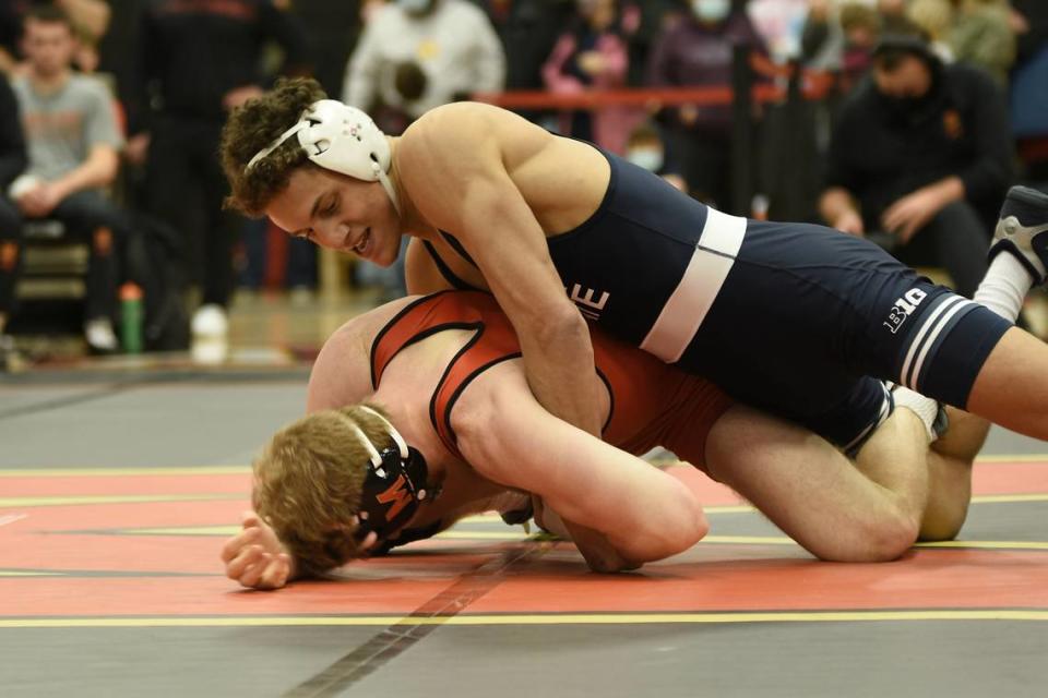 Penn State’s Tony Negron controls Maryland’s Lucas Cordio in their 157-pound bout during the Nittany Lions’ 46-0 win on Jan. 7.