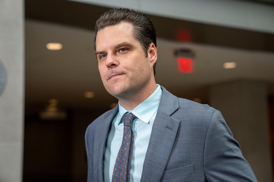 Rep. Matt Gaetz, R-Fla., speaks with reporters after hearing from U.S. Attorney David Weiss in a transcribed interview before members of the House Judiciary Committee, Tuesday, Nov. 7, 2023, in Washington.