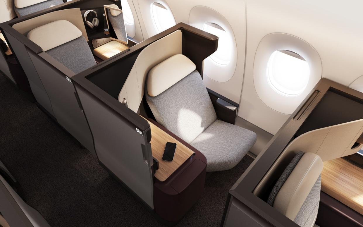 The business-class seats on the A350s Qantas will use to fly from London to Sydney