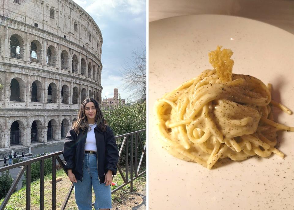 The author by the Colosseum in Rome and cacio e pepe from Antica Pesa – a Roman restaurant.