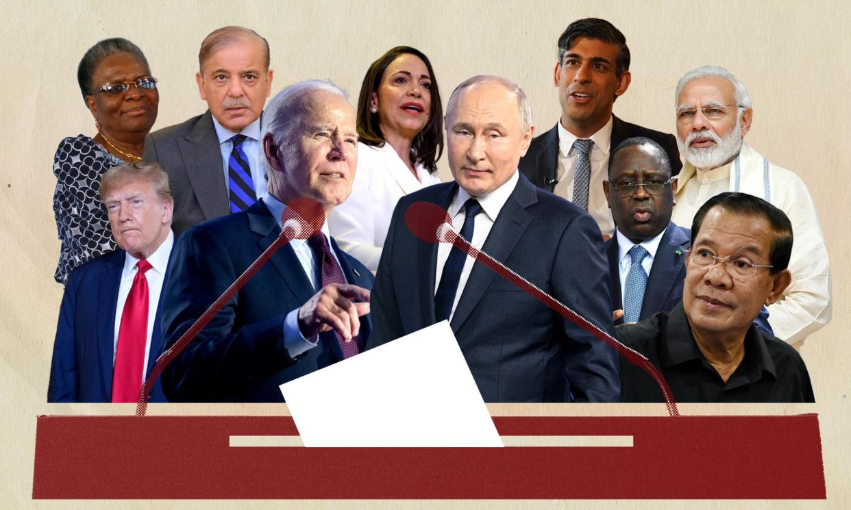 <span>Composite image featuring (L-R) Netumbo Nandi-Ndaitwah, Donald Trump, Shehbaz Sharif, Joe Biden, Maria Corina Machado, Vladimir Putin, Rishi Sunak, Macky Sall, Narendra Modi and Hun Sen.</span><span>Composite: Guardian Design</span>