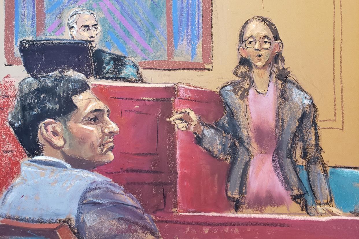 A courtroom sketch from United States v. Samuel Bankman-Fried shows Judge Lewis Kaplan looking at Caroline Ellison while she stands up and points toward Sam Bankman-Fried.