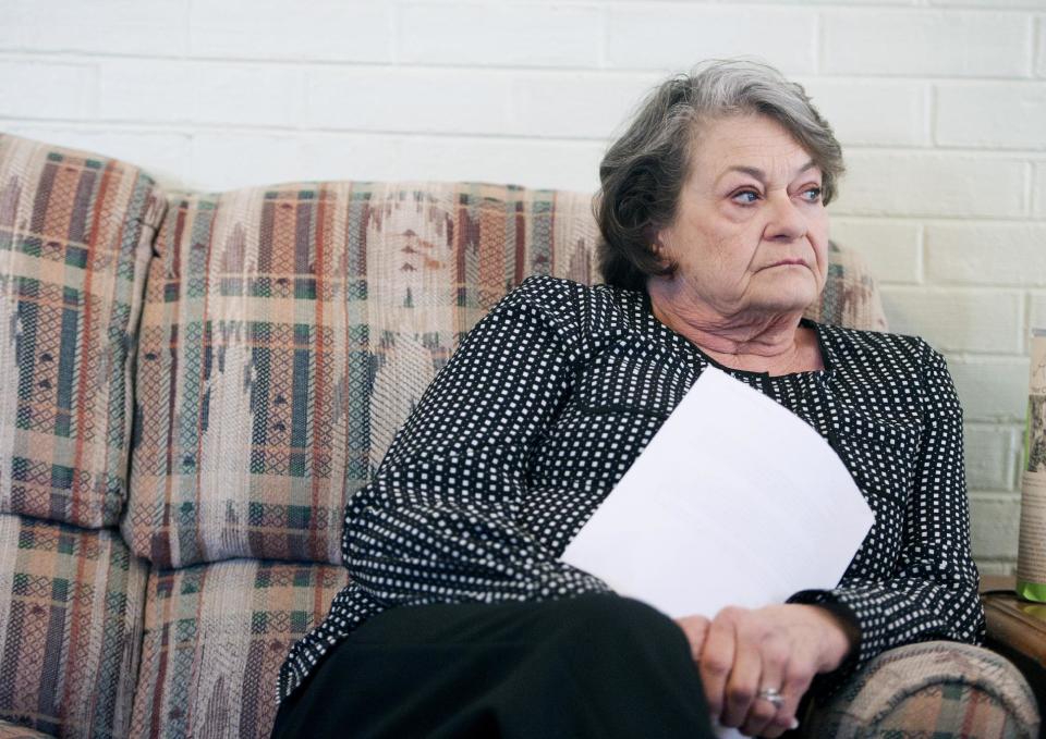 Doris Thompson holds the letter she received from Timberlake Christian School in Forest, Va. on March 26, 2014 asking her great grand daughter Sunnie Kahle to either dress and act more feminine or not enroll again because she looked too much like a boy. (AP Photo/The News & Advance, Jill Nance)