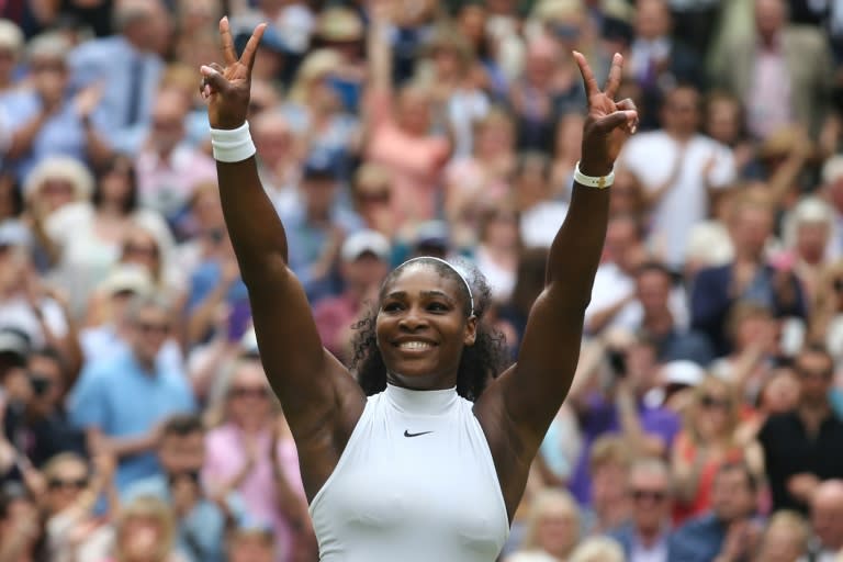 US player Serena Williams celebrates beating Germany&#39;s Angelique Kerber at Wimbledon on July 9, 2016