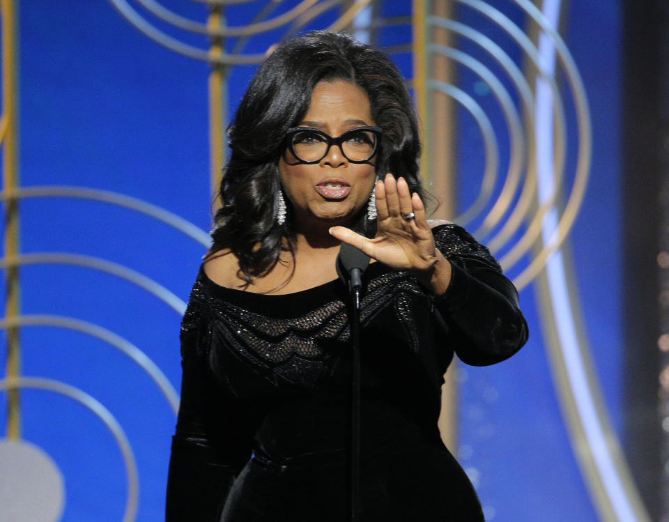 Oprah Winfrey accepting the Cecil B. DeMille Award at the 75th Annual Golden Globe Awards. (Photo: Paul Drinkwater/NBC)