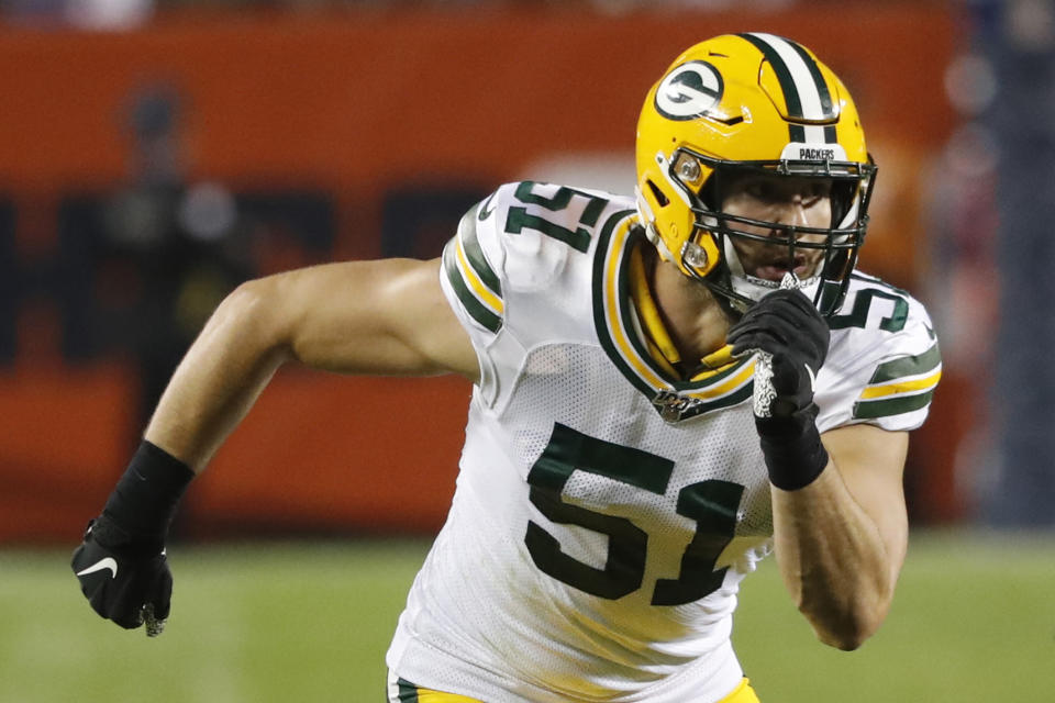 FILE - In this Sept. 5, 2019, file photo, Green Bay Packers linebacker Kyler Fackrell is show in action against the Chicago Bears during an NFL football game in Chicago. The New York Giants are giving free agent linebacker Kyler Fackrell a chance to show that 2019 wasn't as bad as the numbers made it look. It's a one-year shot for Fackrell to prove his 10-1/2 sack season in 2018 with the Green Bay Packers wasn't a fluke.(AP Photo/Charles Rex Arbogast, File)