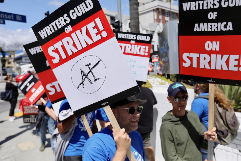 Entertainment industry writers demonstrate in Hollywood, Los Angeles, the United States, on May 2, 2023. Television and movie writers with the Writers Guild of America began their strike on Tuesday for the first time in 15 years, bringing Hollywood production to a halt. The Writers Guild of America said in a statement Monday night that the labor union's negotiation with Hollywood studios and streamers had failed to reach an agreement after spending the last six weeks negotiating with Netflix, Amazon, Apple, Disney, Discovery-Warner, NBC Universal, Paramount and Sony under the umbrella of the Alliance of Motion Picture and Television Producers. (Photo by Xinhua via Getty Images)