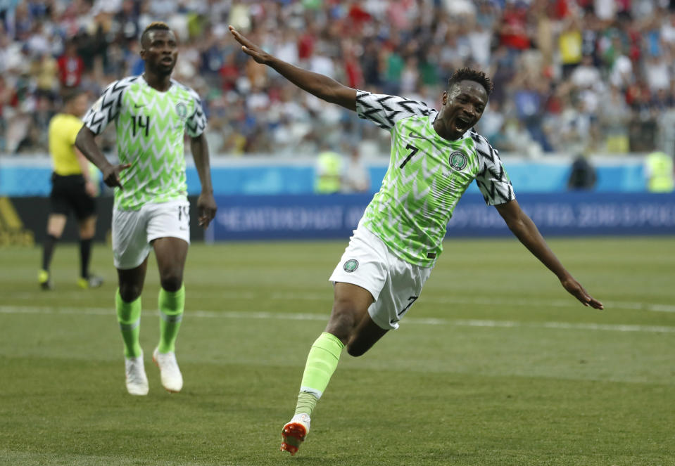<p>Nigeria’s Ahmed Musa, right, celebrates scoring </p>