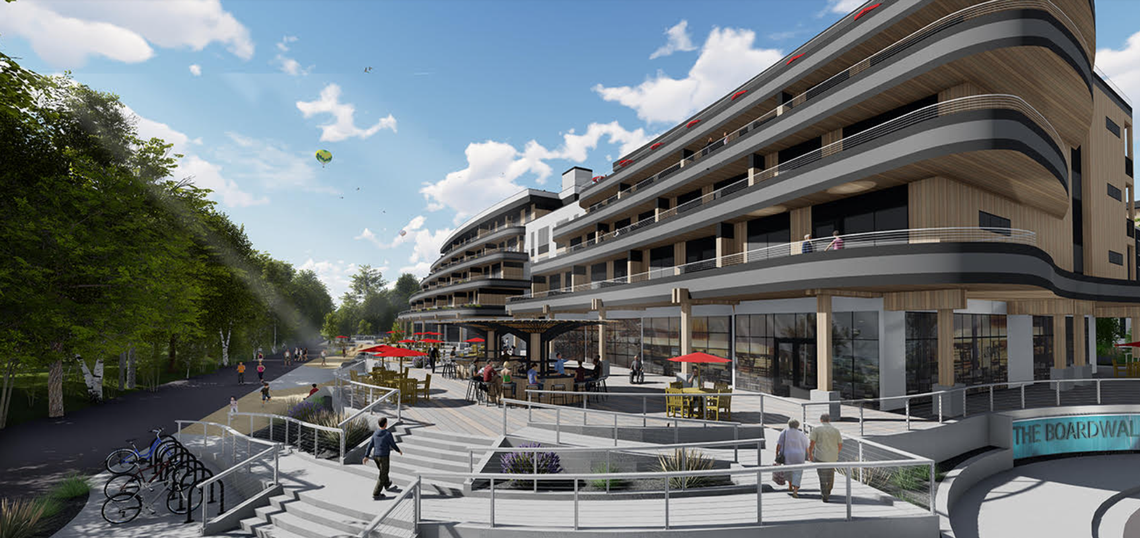 This rendering shows activity outside The Boardwalk apartments, including a kiosk bar.
