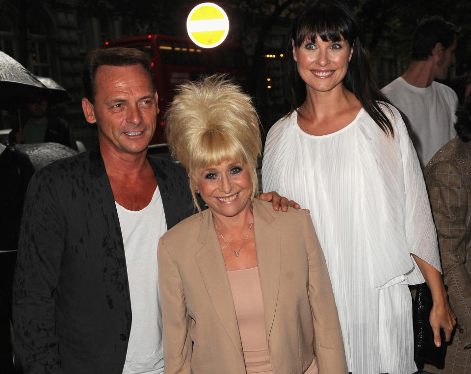 LONDON, ENGLAND - AUGUST 05: Perry Fenwick, Barbara Windsor and Emma Barton attend a special performance of Spamalot starring Barbara Windsor at Playhouse Theatre on August 5, 2013 in London, England.  (Photo by Ferdaus Shamim/WireImage)