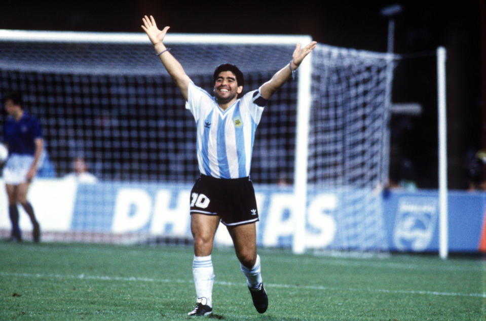 Argentina's Diego Maradona celebrates the equalizing goal  (Photo by Peter Robinson/EMPICS via Getty Images)