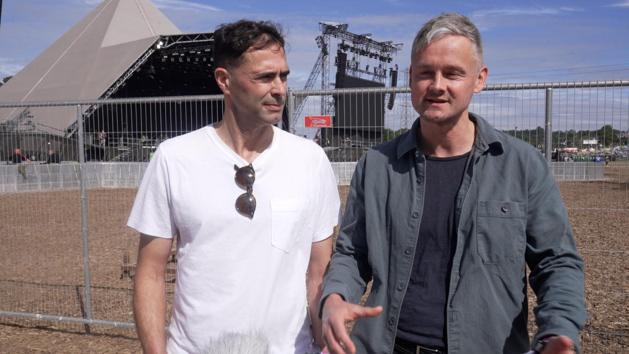 Keane's Tim Rice-Oxley and Tom Chaplin speaking to the media at Glastonbury Festival