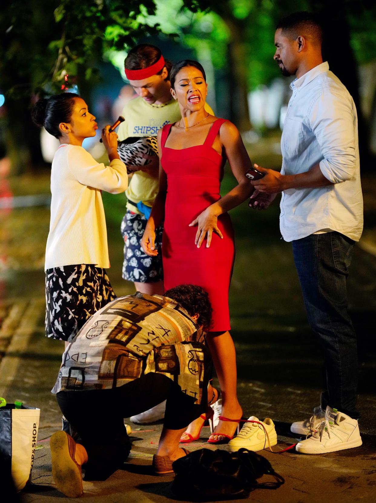 (L-R) Liza Koshy, Joel Courtney, Gina Rodriguez and Damon Wayans Jr. are seen filming on location for "Players" on Aug. 5, 2021, in New York City.