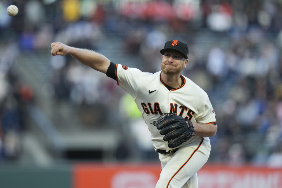 San Francisco Giants pitcher Alex Cobb throws to a Los Angeles Dodgers batter during the first inning of a baseball game in San Francisco, Wednesday, April 12, 2023. (AP Photo/Godofredo A. Vásquez)