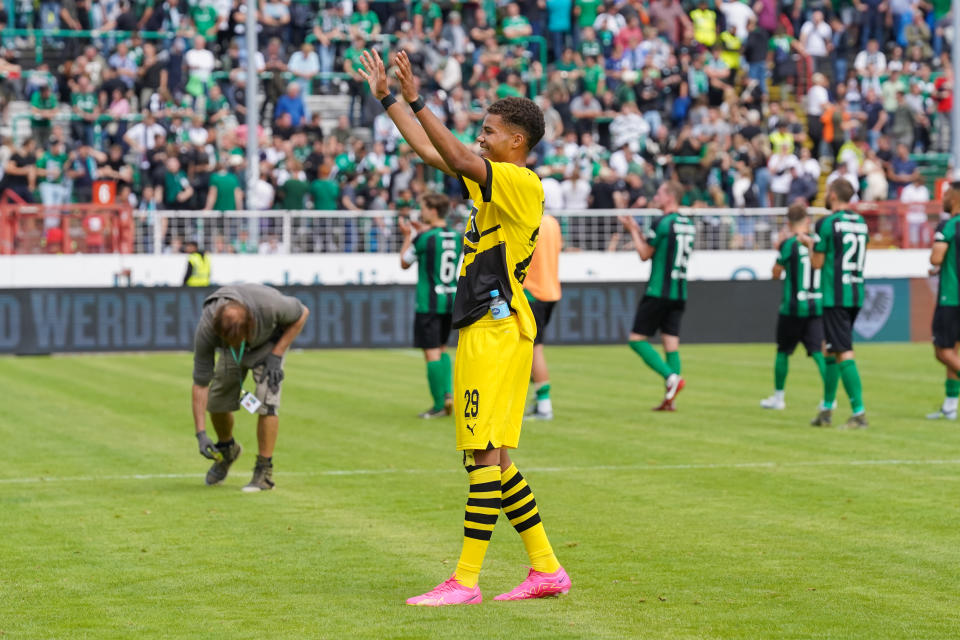 MUENSTER, GERMANY - AUGUST 5: Jermain Nischalke of Borussia Dortmund gestures after the 3. Liga match between Preußen Münster and Borussia Dortmund II at Preussenstadion on August 5, 2023 in Muenster, Germany. (Photo by Patrick Ahlborn/DeFodi Images via Getty Images)