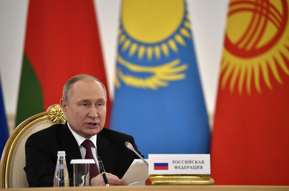 FILE - Russian President Vladimir Putin addresses a meeting of the leaders of the Collective Security Treaty Organization (CSTO) at the Kremlin in Moscow, Russia, May 16, 2022. Finnish state-owned energy company Gasum is saying that natural gas imports from Russia under its supply contract will be halted on Saturday, May 21 after the Finns had refused to pay in Russian rubles, a demand made by President Vladimir Putin after sanctions were levied against his nation over the invasion of Ukraine. (Alexander Nemenov/Pool Photo via AP, file)