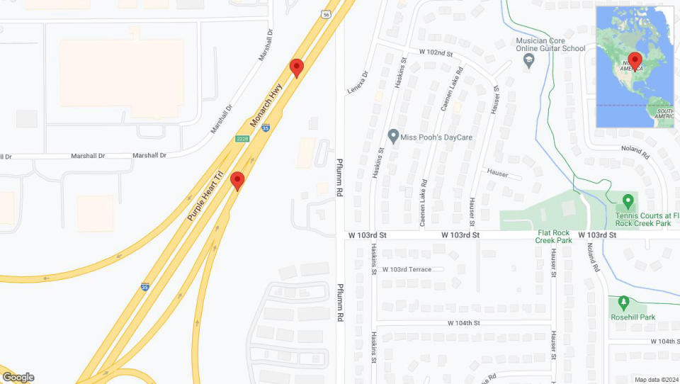 A detailed map that shows the affected road due to 'Broken down vehicle on Pflumm Road in Lenexa' on January 4th at 5:43 p.m.