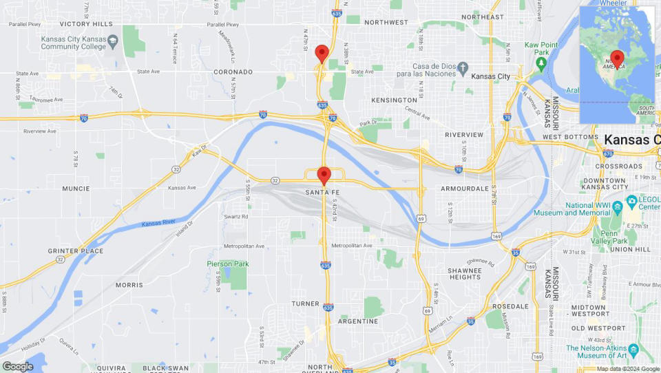 A detailed map that shows the affected road due to 'Lane on I-635 closed in Kansas City' on May 16th at 11:57 p.m.