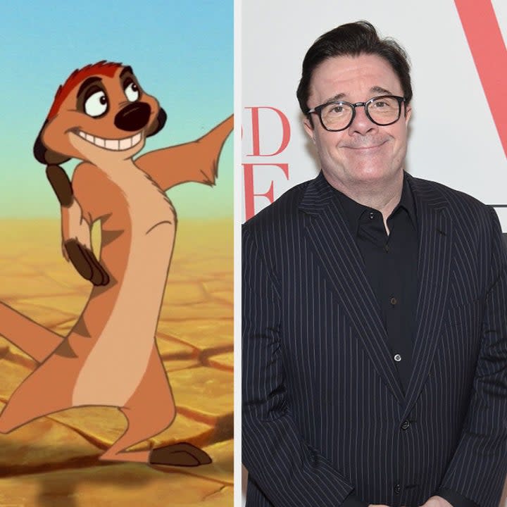Timon the meerkat from the Disney's original Lion King with a slight smile. Actor Nathan Lane standing with a slight smile and hands folded.