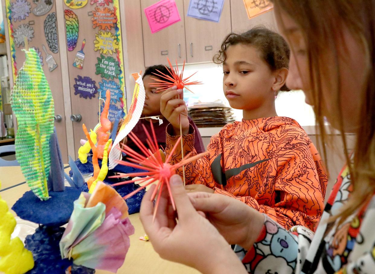 Fourth-graders build a coral reef art project, Tuesday, Feb. 28, 2023, at South Daytona Elementary School.