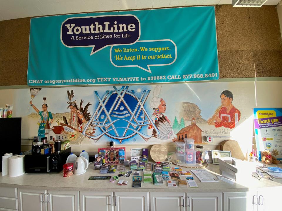 S mural by a member of the Confederated Tribes of Warm Springs adorns a wall in the converted classroom that will serve as a call center for Youthline Native as soon as the first young people on the Central Oregon reservation complete their training.