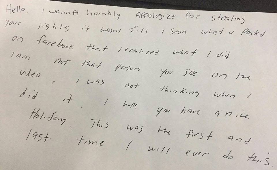 The thief’s apology note. Photo from Facebook.