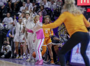 LSU head coach Kim Mulkey, center left, reacts after a turnover by Tennessee in the first half of an NCAA college basketball game in Baton Rouge, La., Monday, Jan. 30, 2023. (AP Photo/Derick Hingle)