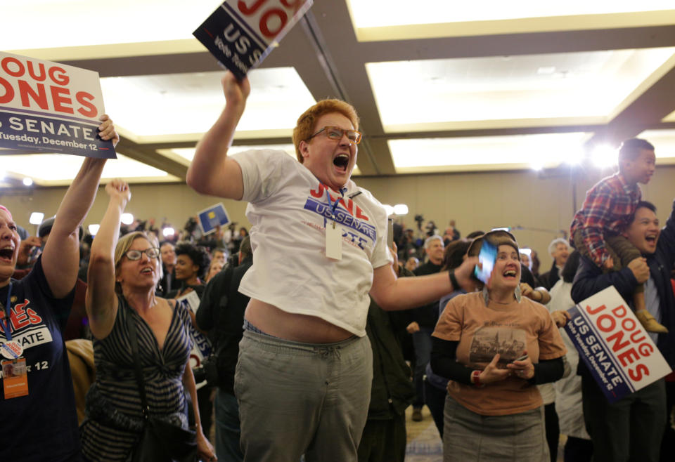 Supporters celebrate at the election night party for Democratic Alabama U.S. Senate candidate Doug Jones