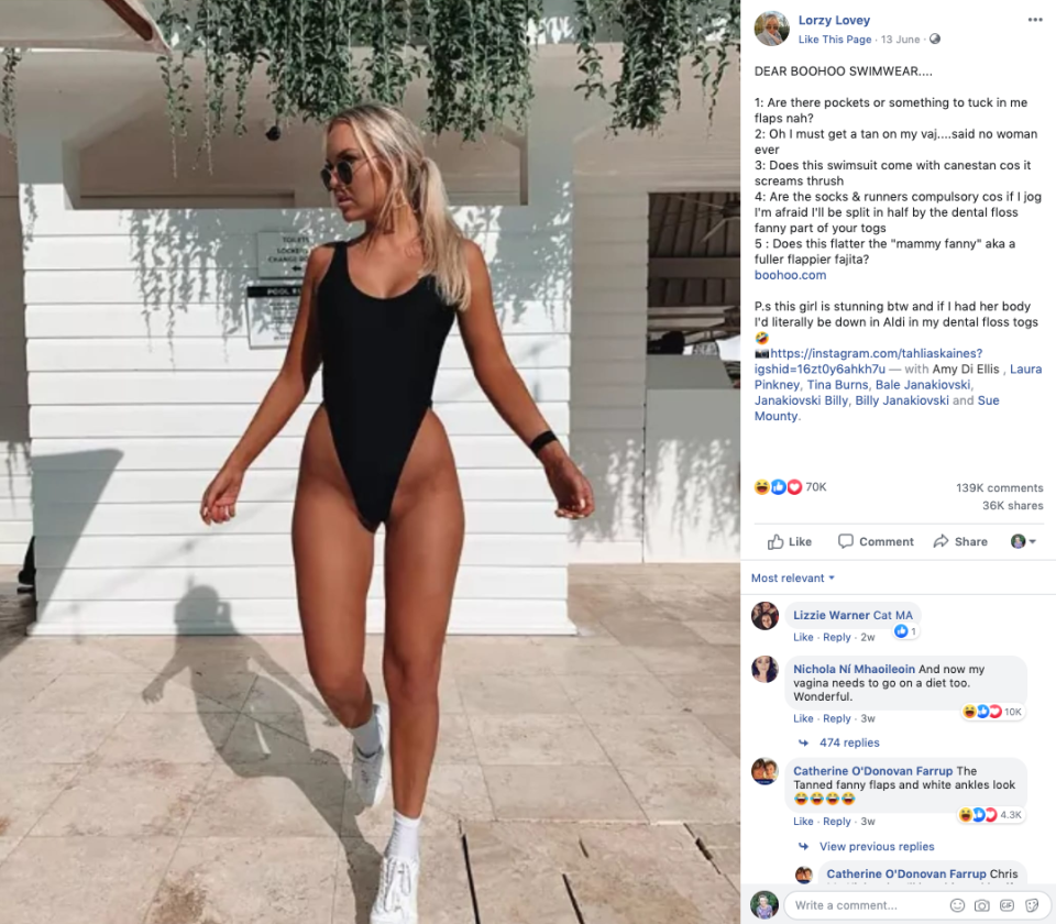 A screenshot of a Facebook post about a high-cut black swimsuit.