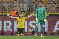 Dortmund's Niclas Fuellkrug reacts after a missed chance during the Champions League semifinal first leg soccer match between Borussia Dortmund and Paris Saint-Germain at the Signal-Iduna Park stadium in Dortmund, Germany, Wednesday, May 1, 2024. (AP Photo/Matthias Schrader)