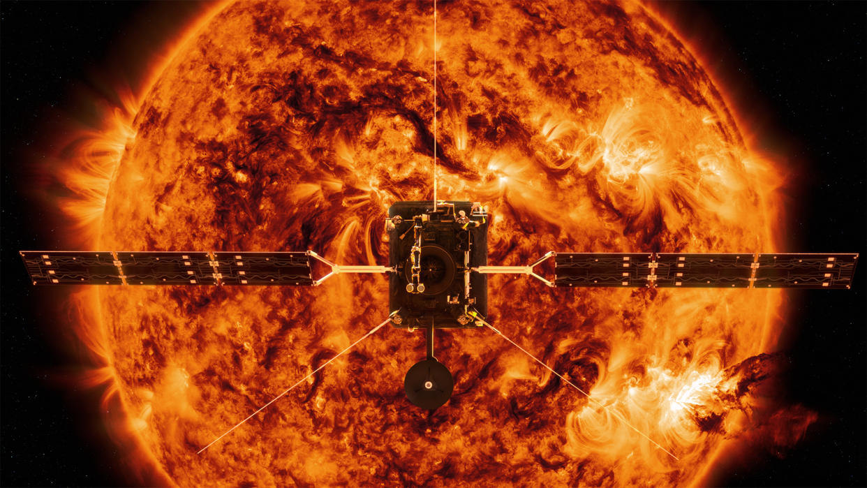 Artist impression of The Solar Orbiter in front of the Sun. (BEIS via PA)