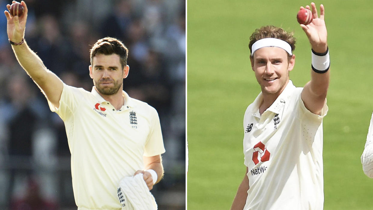 Stuart Broad (pictured right) raises the ball to celebrate his 500th wicket and James Anderson (pictured left) also celebrates.