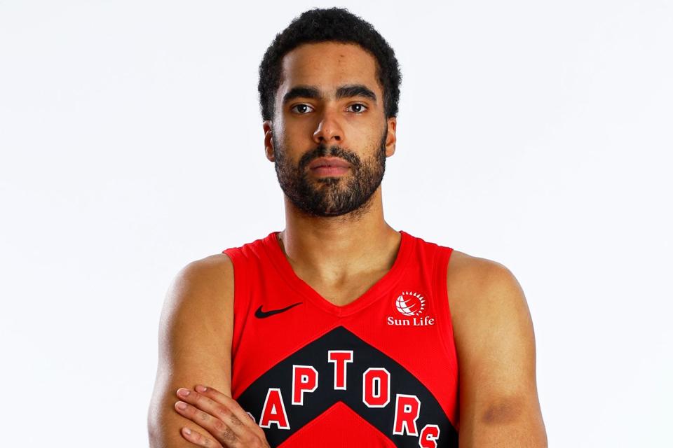 <p>Vaughn Ridley/NBAE via Getty</p> Jontay Porter #11 of the Toronto Raptors poses for a portrait on January 14, 2024